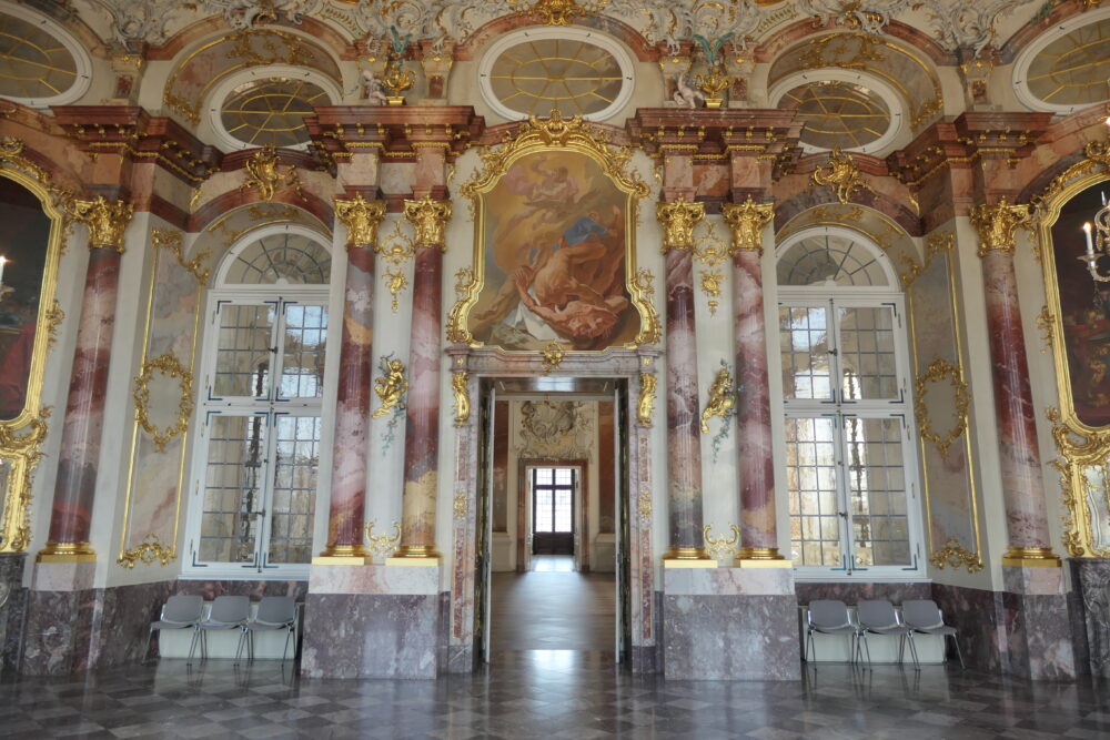 The marble hall at Bruchsal Palace.
