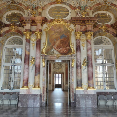 The marble hall at Bruchsal Palace.