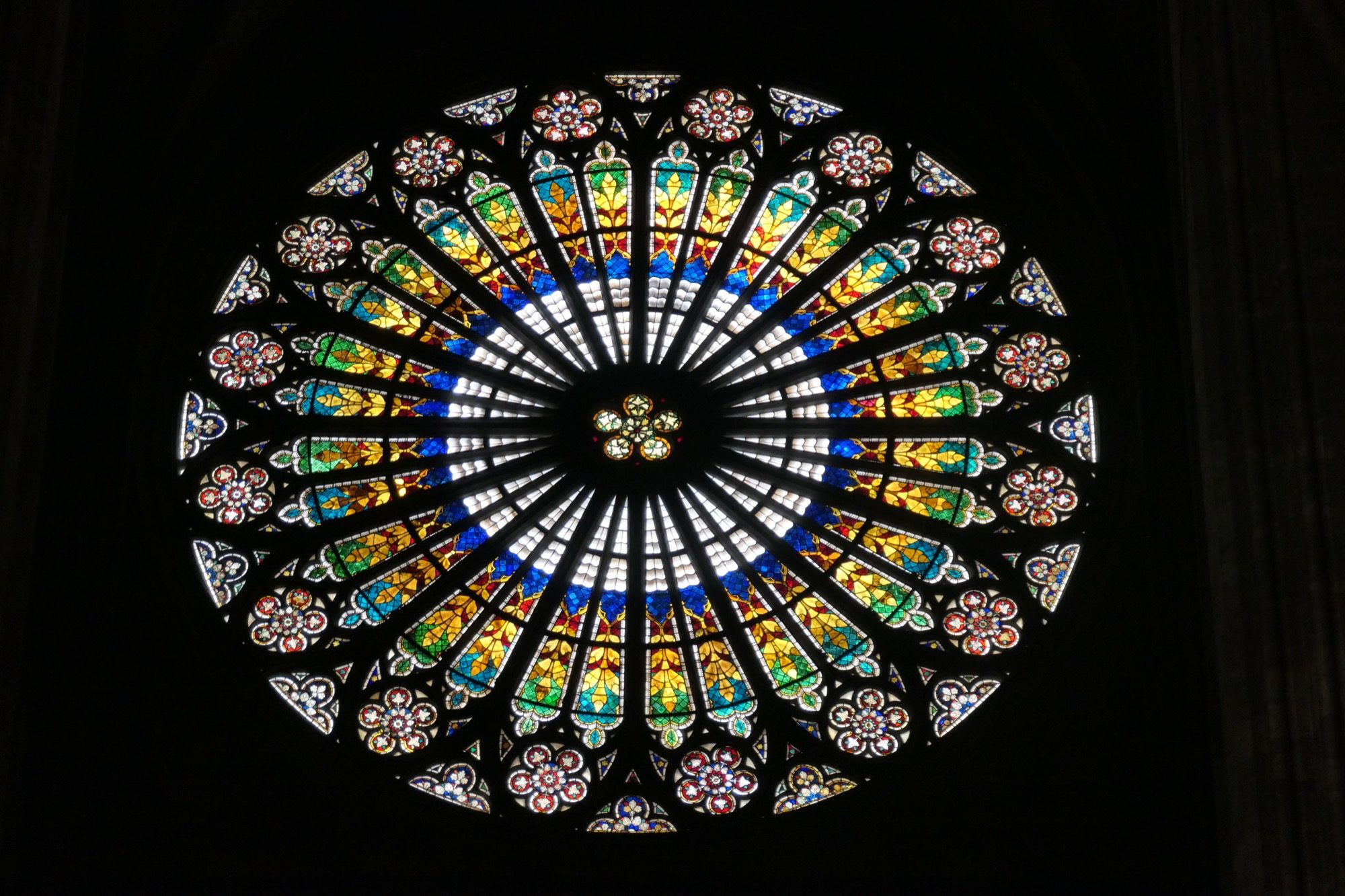 Stained window from inside Strasbourg Cathedral.
