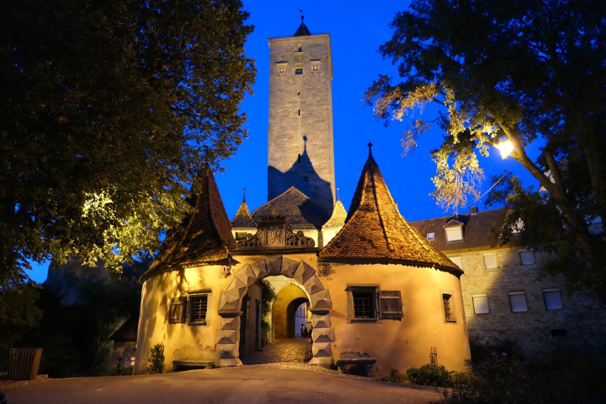One of Rothenburg's city gates at night.